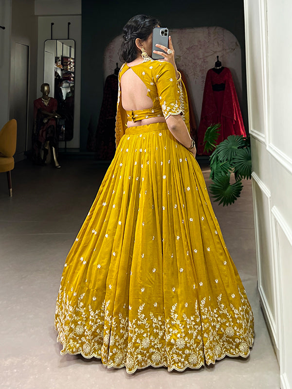 Mustard Vichitra Silk Sequins Work Lehenga Choli With Dupatta