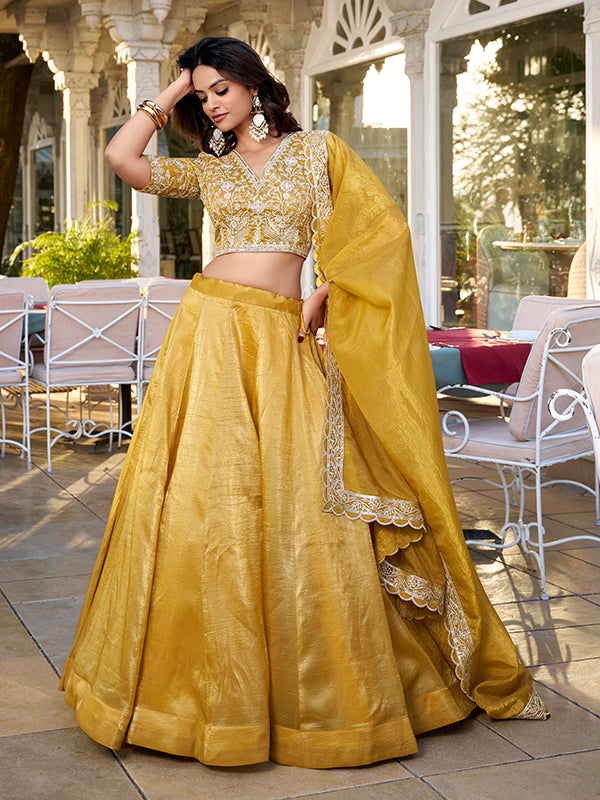 Mustard Sequins & Thread Work Lehenga Choli With Dupatta