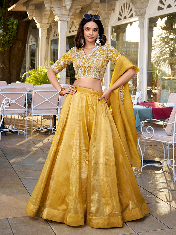 Mustard Sequins & Thread Work Lehenga Choli With Dupatta