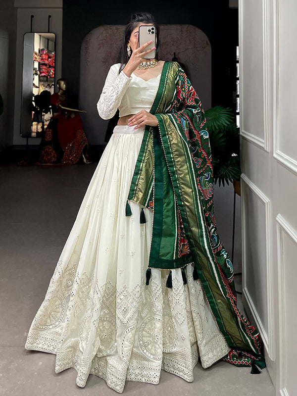 White Georgette With Lucknowi Paper Mirror Work Lehenga Choli