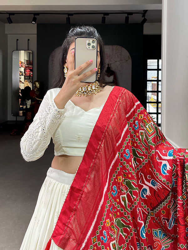 White Georgette With Lucknowi Paper Mirror Work Lehenga Choli