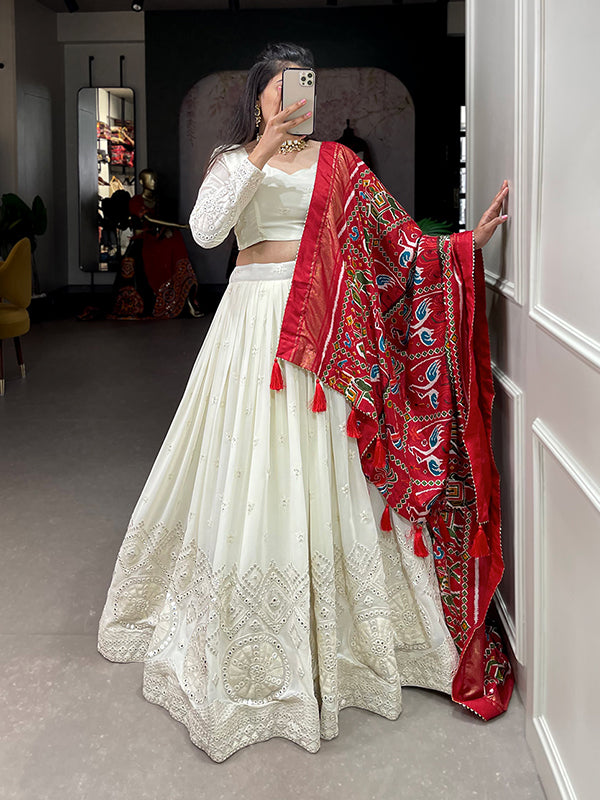 White Georgette With Lucknowi Paper Mirror Work Lehenga Choli