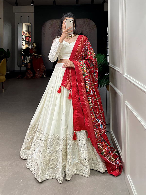 White Georgette With Lucknowi Paper Mirror Work Lehenga Choli