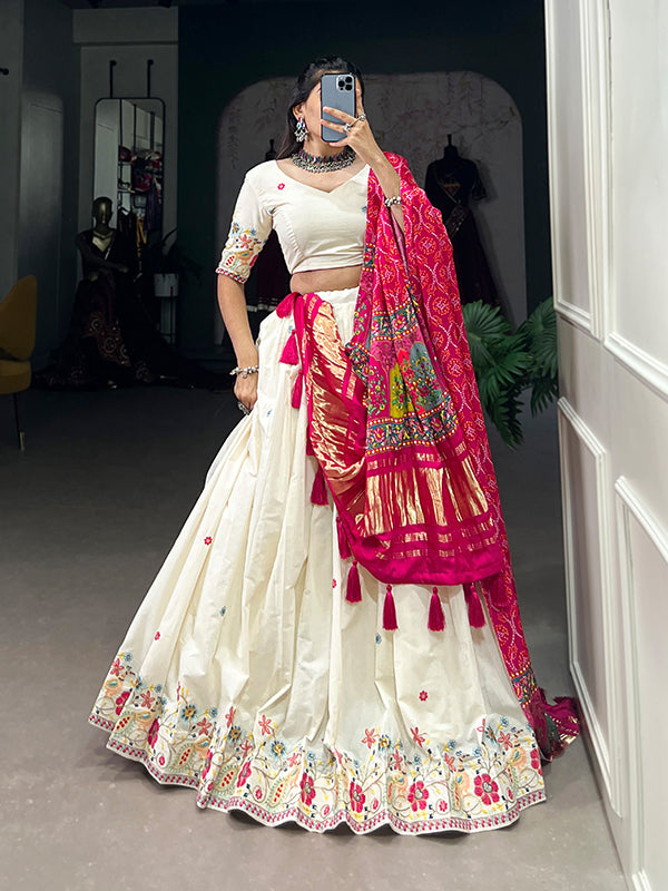 Pink Flower Khadi Cotton With Sequins Embroidered Lehenga Choli