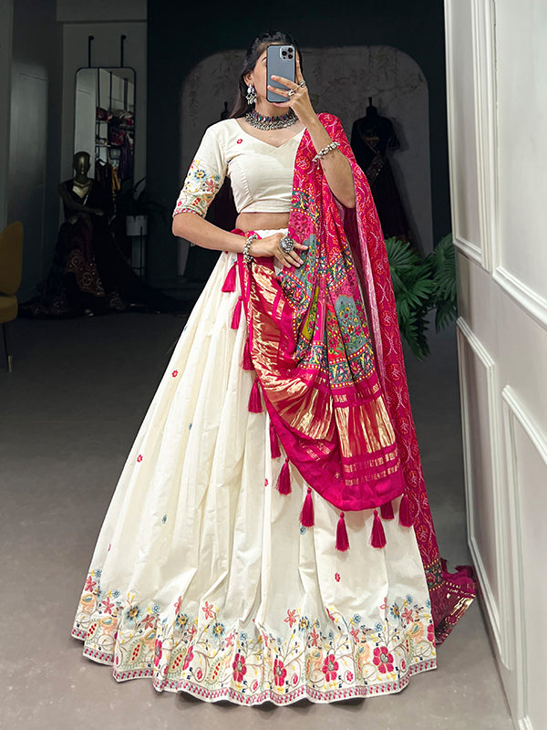 Pink Flower Khadi Cotton With Sequins Embroidered Lehenga Choli