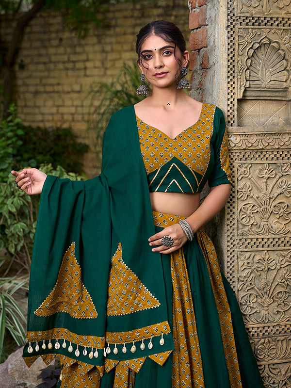 Bottel Green Pure Cotton Kodi Work Lehenga Choli With Dupatta