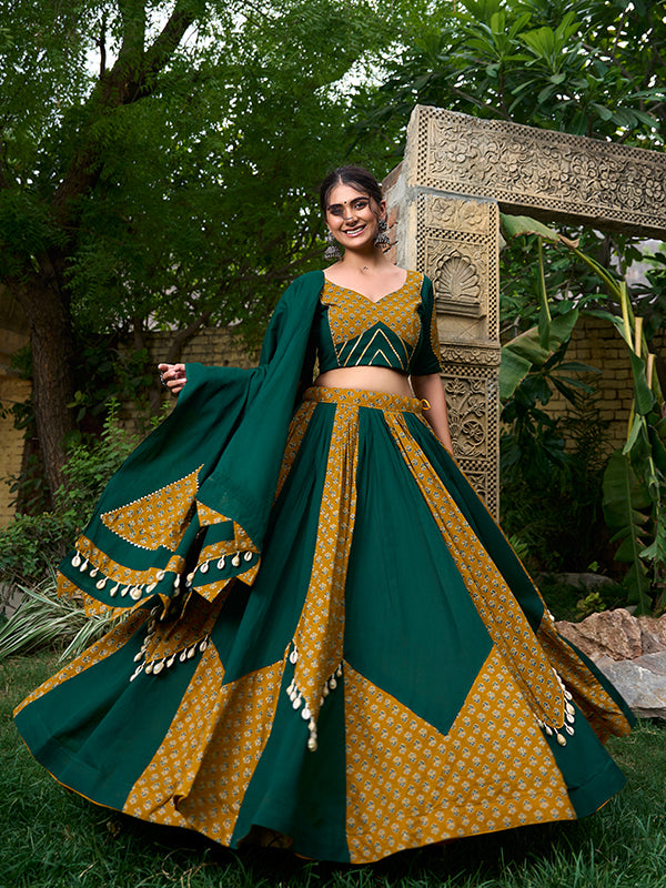 Bottel Green Pure Cotton Kodi Work Lehenga Choli With Dupatta