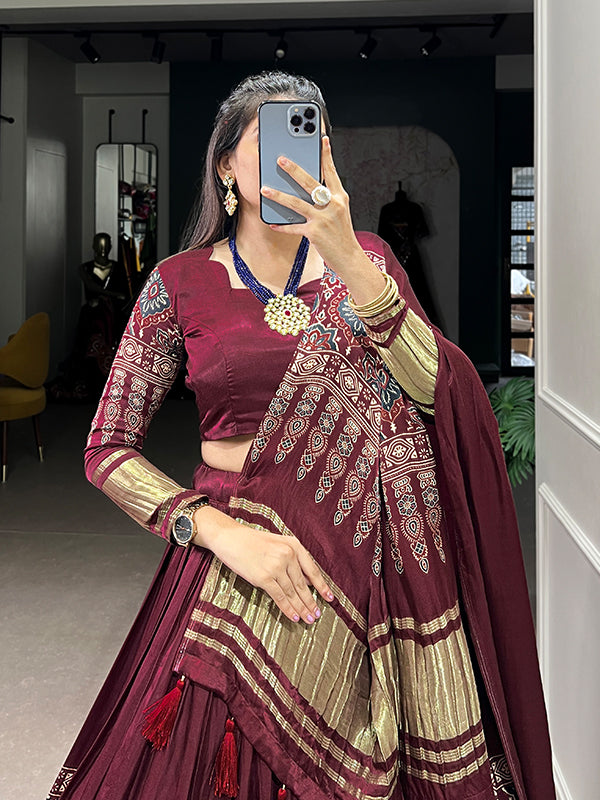 Maroon Gaji Silk Printed With Lagdi Patta Lehenga Choli With Dupatta