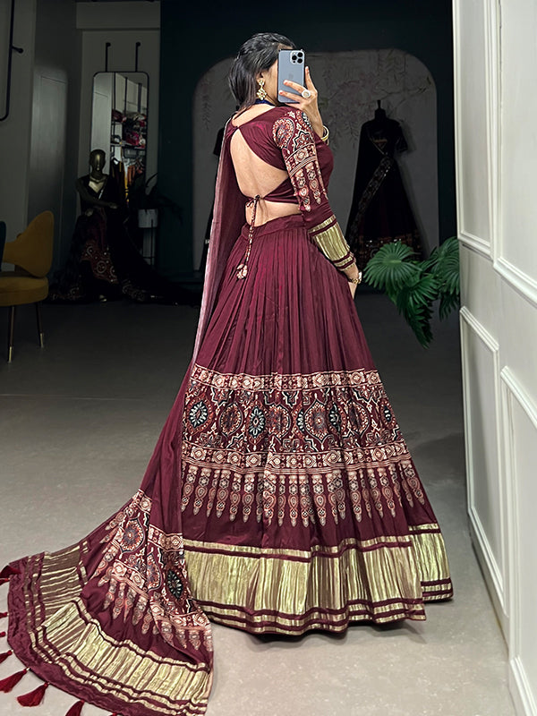 Maroon Gaji Silk Printed With Lagdi Patta Lehenga Choli With Dupatta