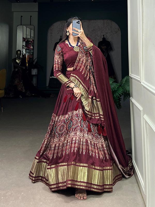 Maroon Gaji Silk Printed With Lagdi Patta Lehenga Choli With Dupatta