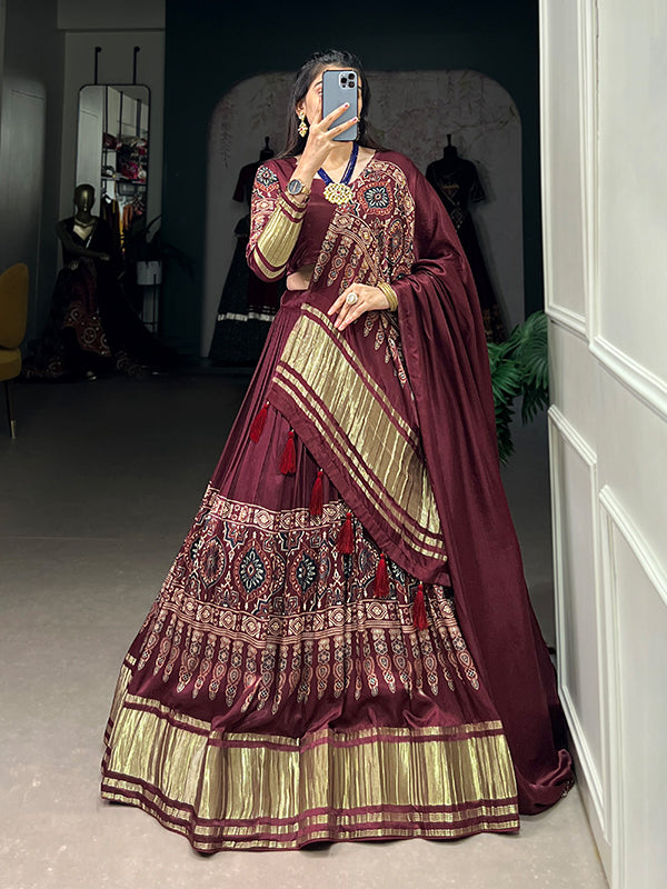 Maroon Gaji Silk Printed With Lagdi Patta Lehenga Choli With Dupatta