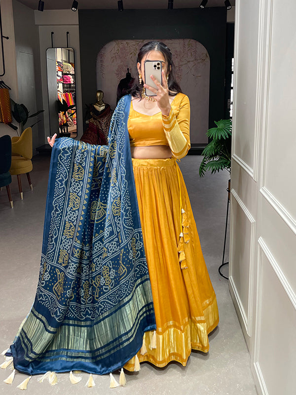 Mustard Gaji Silk With Lagdi Patta Lehenga Choli With Dupatta