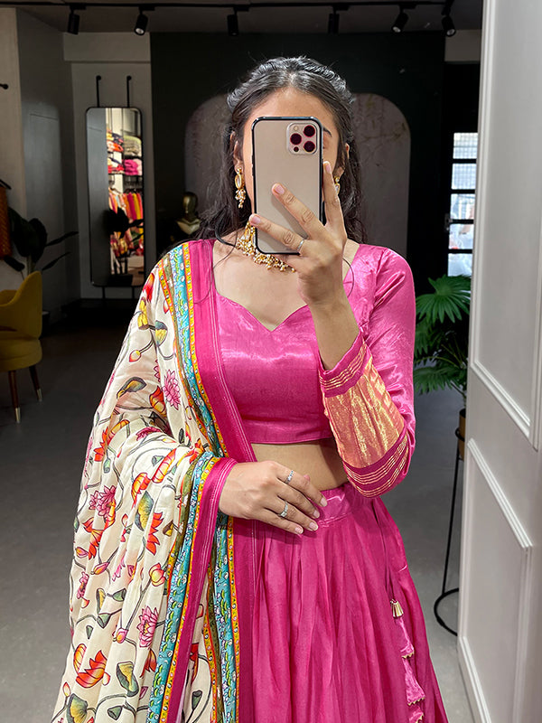 Pink Gaji Silk With Lagdi Patta Lehenga Choli With Dupatta