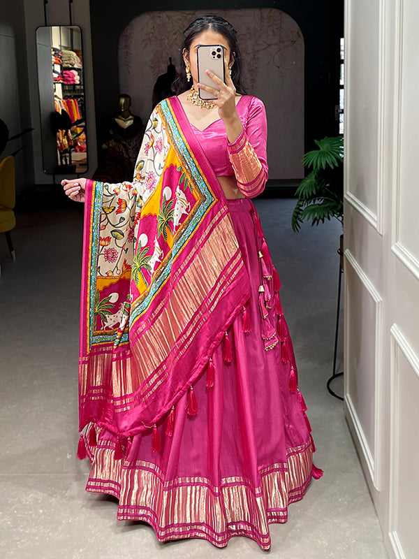 Pink Gaji Silk With Lagdi Patta Lehenga Choli With Dupatta