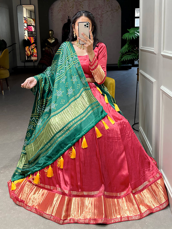 Tomato Red Gaji Silk With Lagdi Patta Lehenga Choli With Dupatta