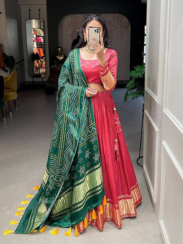 Tomato Red Gaji Silk With Lagdi Patta Lehenga Choli With Dupatta