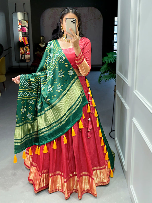 Tomato Red Gaji Silk With Lagdi Patta Lehenga Choli With Dupatta