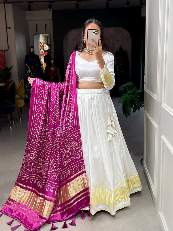 White Gaji Silk With Lagdi Patta Lehenga Choli With Dupatta