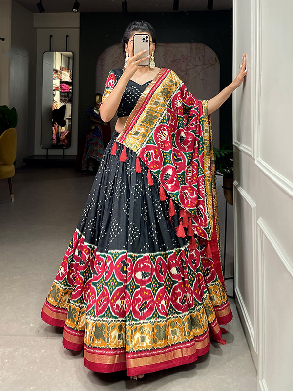 Black Tussar Silk With Patola Foil Print Lehenga Choli With Dupatta