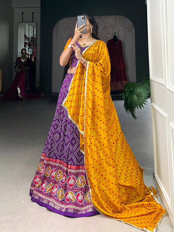 Purple Tussar Silk Printed Lehenga Choli With Dupatta