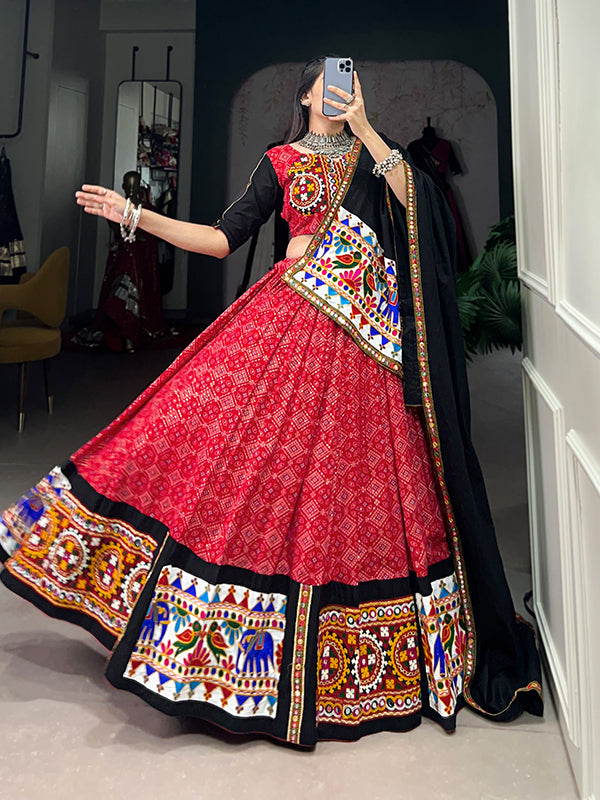 Red Pure Cotton Gamthi Work Lehenga Choli With Dupatta