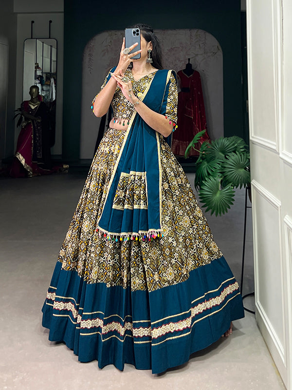 Rama Blue Rayon Dola Silk Printed Lehenga Choli With Dupatta