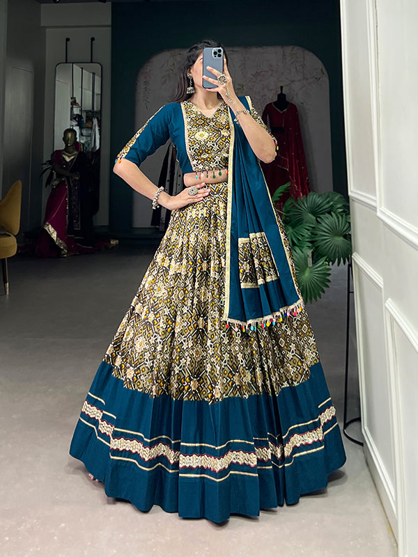 Rama Blue Rayon Dola Silk Printed Lehenga Choli With Dupatta