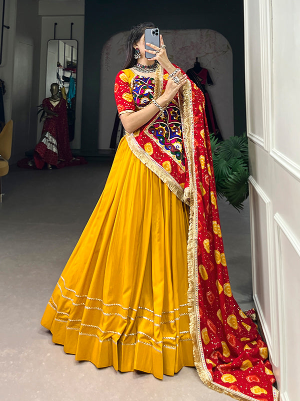 Yellow Pure Rayon With Gota Patti Lace Border Lehenga Choli