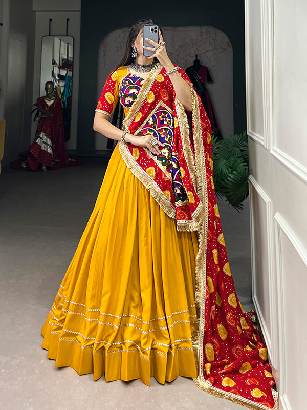 Yellow Pure Rayon With Gota Patti Lace Border Lehenga Choli