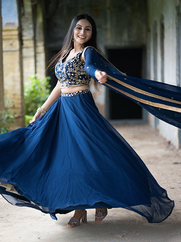 Navy Blue Georgette Embroidered Lehenga Choli With Dupatta