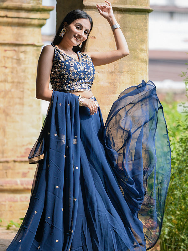 Navy Blue Georgette Embroidered Lehenga Choli With Dupatta