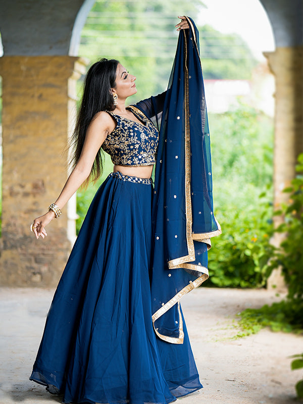 Navy Blue Georgette Embroidered Lehenga Choli With Dupatta