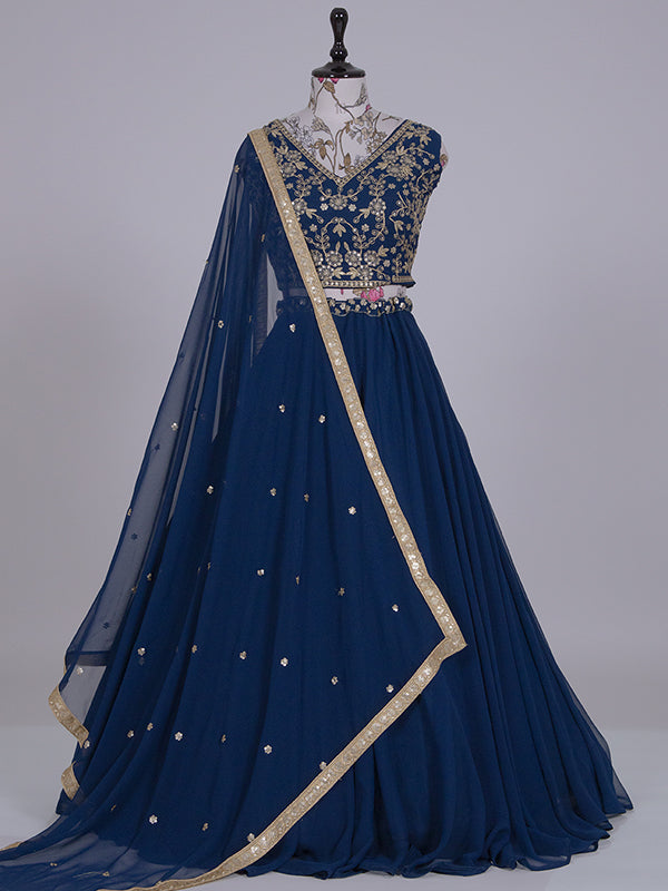 Navy Blue Georgette Embroidered Lehenga Choli With Dupatta