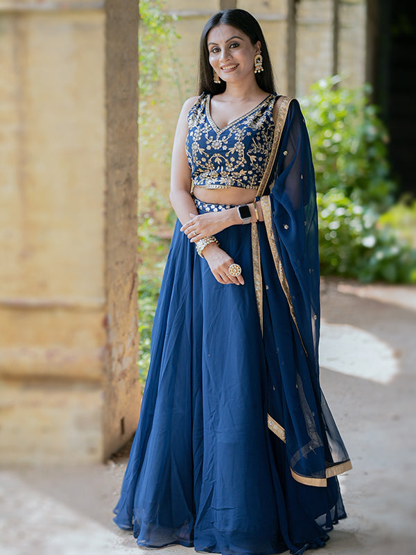 Navy Blue Georgette Embroidered Lehenga Choli With Dupatta