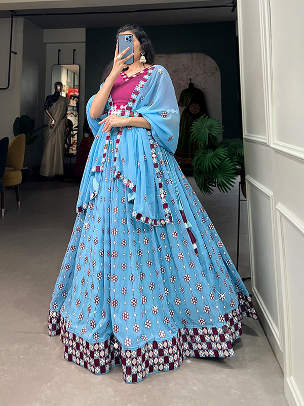 Sky blue Georgette Lehenga Choli With Belt