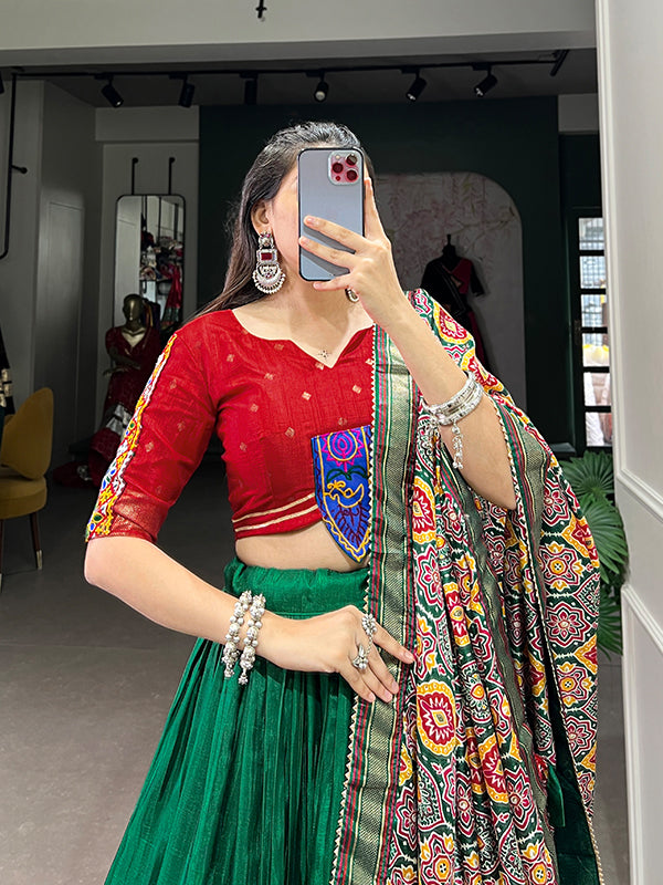 Green & Red Dola Silk Printed Lehenga Choli