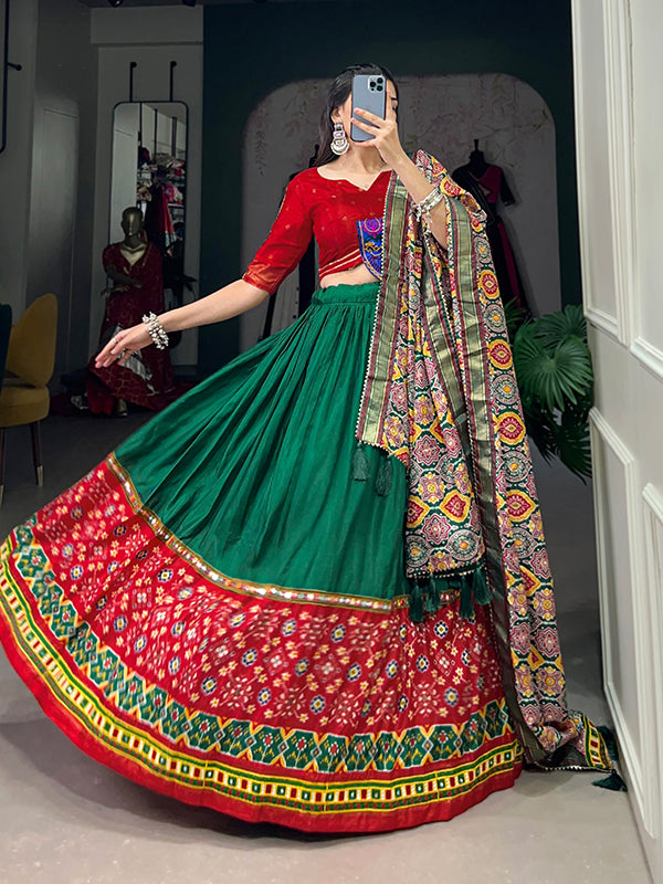 Green & Red Dola Silk Printed Lehenga Choli