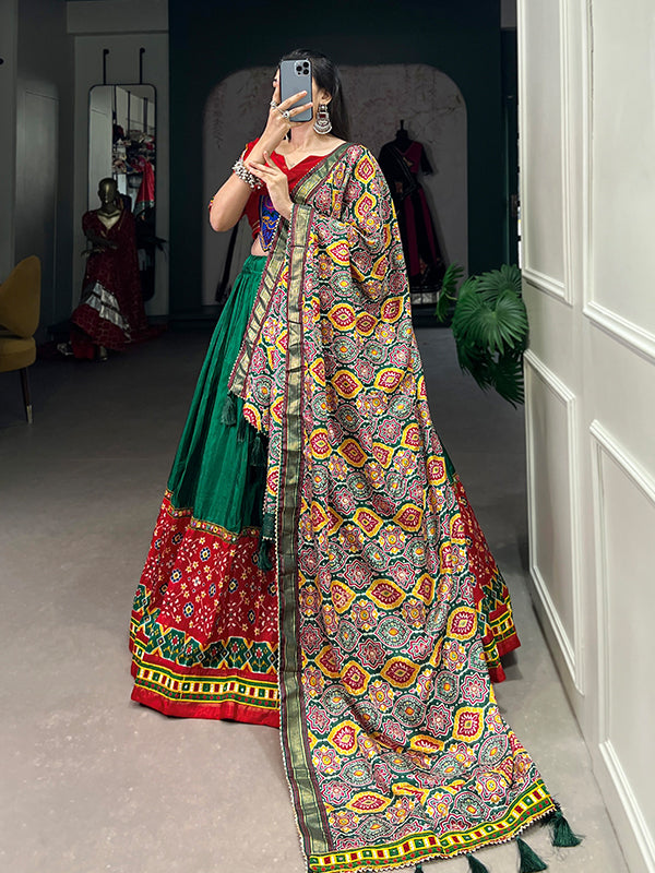 Green & Red Dola Silk Printed Lehenga Choli