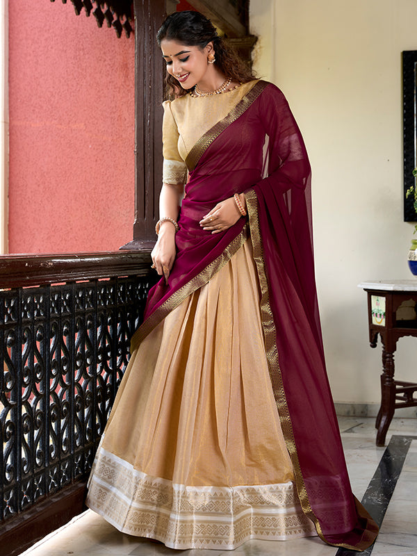 Cream Kanchipuram Zari Weaving Lehenga Choli