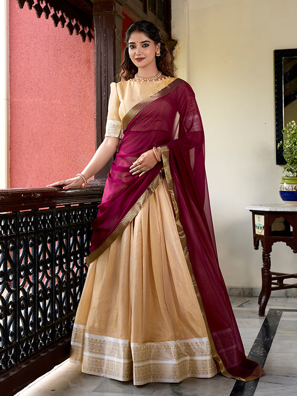 Cream Kanchipuram Zari Weaving Lehenga Choli