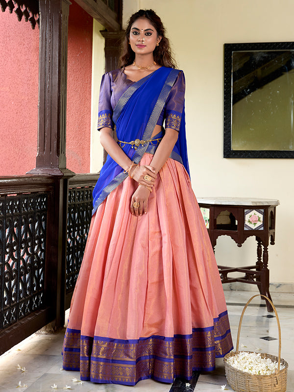 Peach Kanchipuram Zari Weaving Lehenga Choli