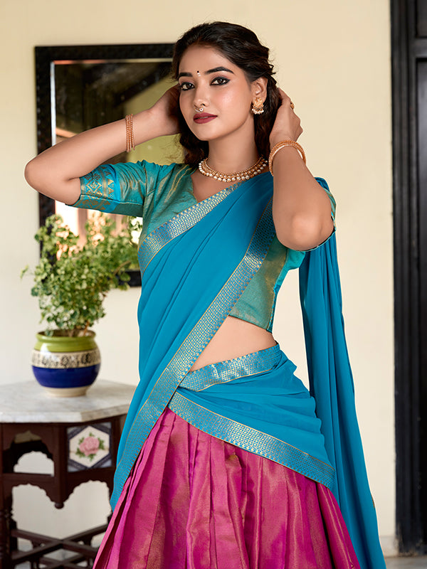 Pink Kanchipuram Zari Weaving Lehenga Choli