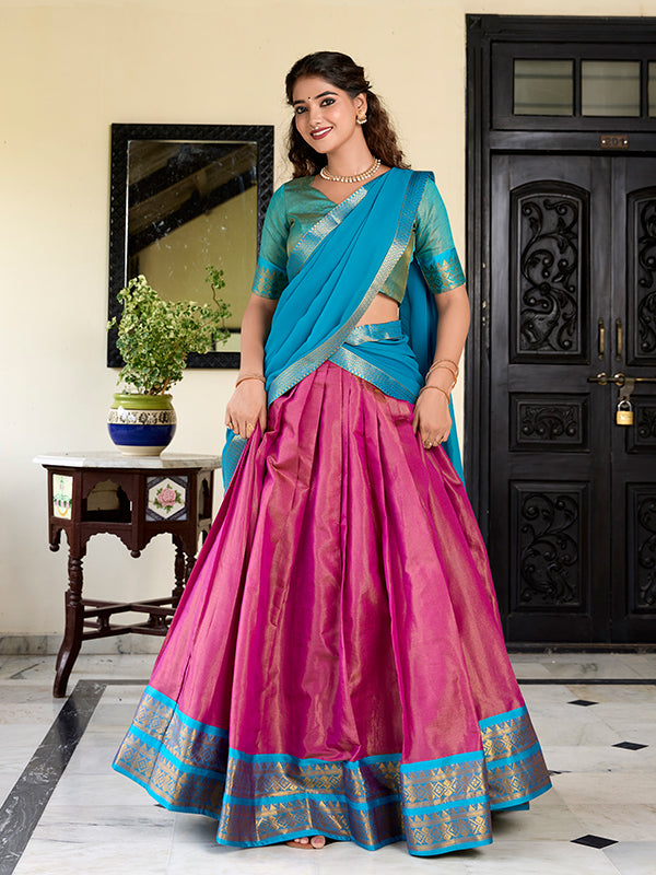 Pink Kanchipuram Zari Weaving Lehenga Choli