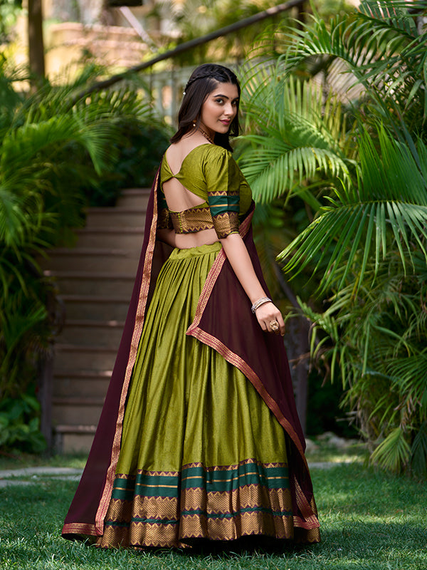 Olive Green Poly Cotton With Zari Weaving Lehenga Choli