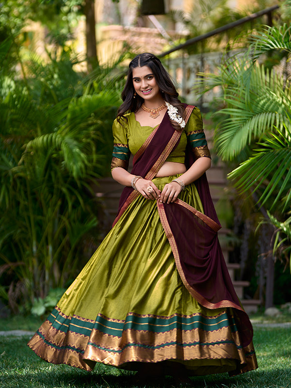 Olive Green Poly Cotton With Zari Weaving Lehenga Choli