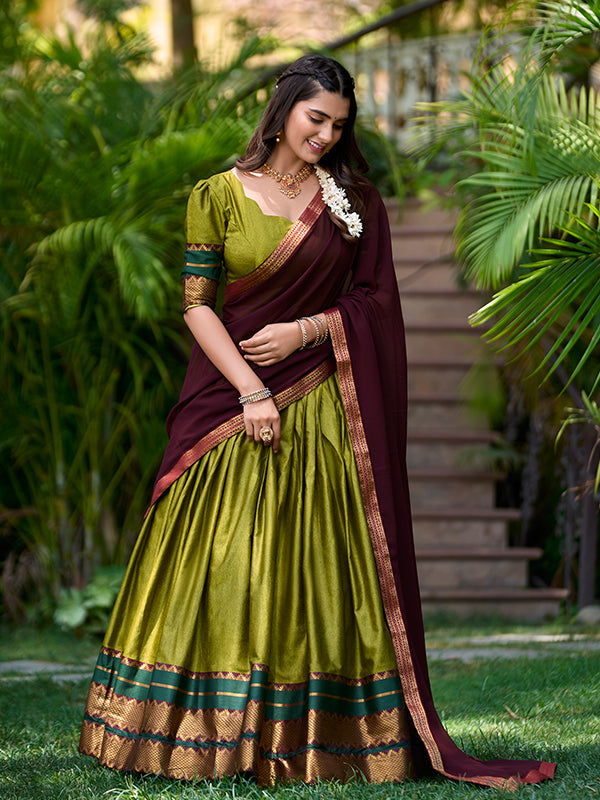 Olive Green Poly Cotton With Zari Weaving Lehenga Choli