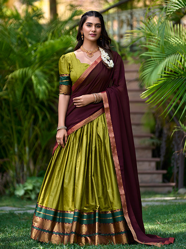 Olive Green Poly Cotton With Zari Weaving Lehenga Choli