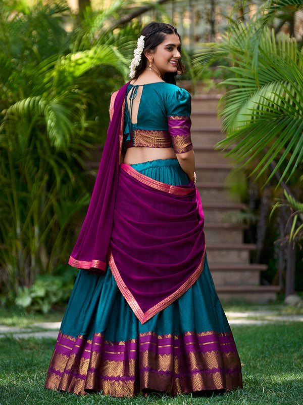 Teal Poly Cotton With Zari Weaving Lehenga Choli