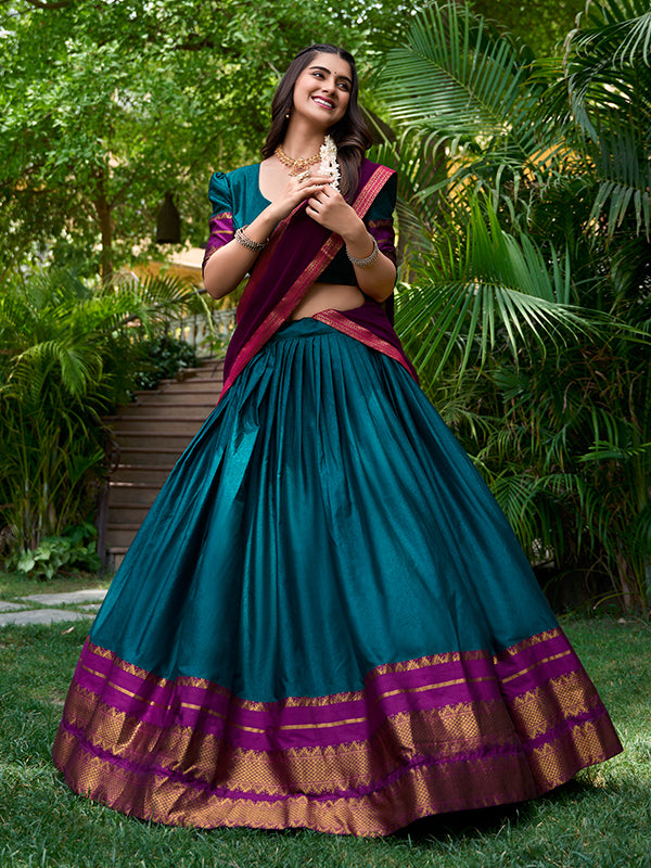 Teal Poly Cotton With Zari Weaving Lehenga Choli