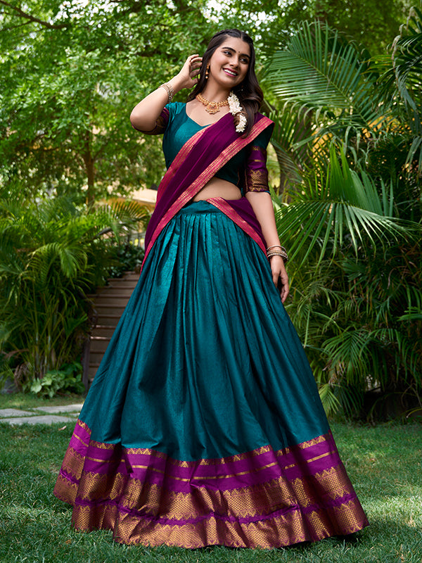 Teal Poly Cotton With Zari Weaving Lehenga Choli